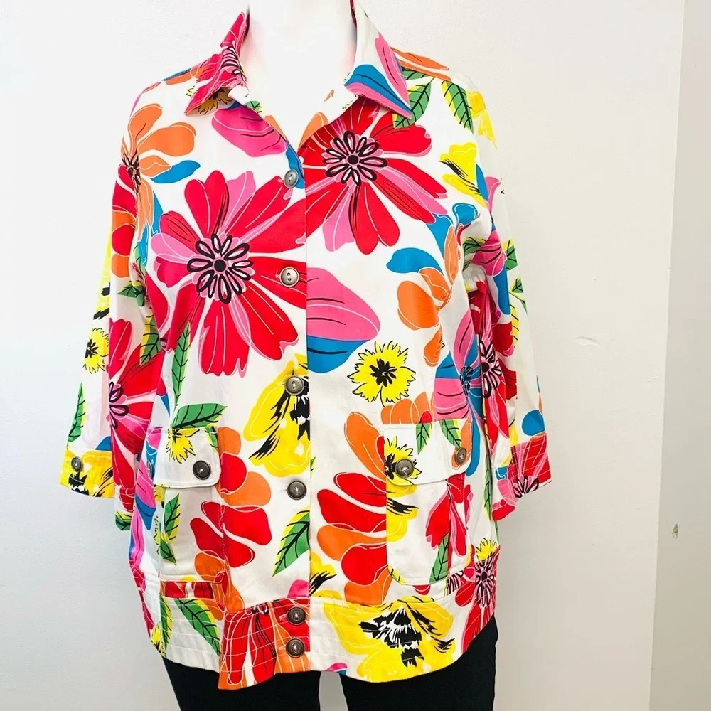 Spartelle Shirt Jacket Woman 2X Pink Flowers Colorful Pockets Mod Retro Boho